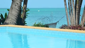 Outdoor pool, pool umbrellas, pool loungers