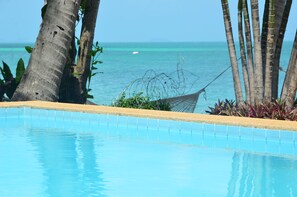 Outdoor pool, pool umbrellas, pool loungers