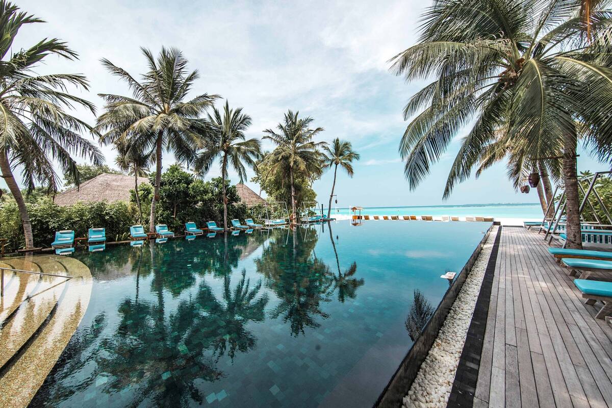 outdoor pool, pool umbrellas, pool loungers