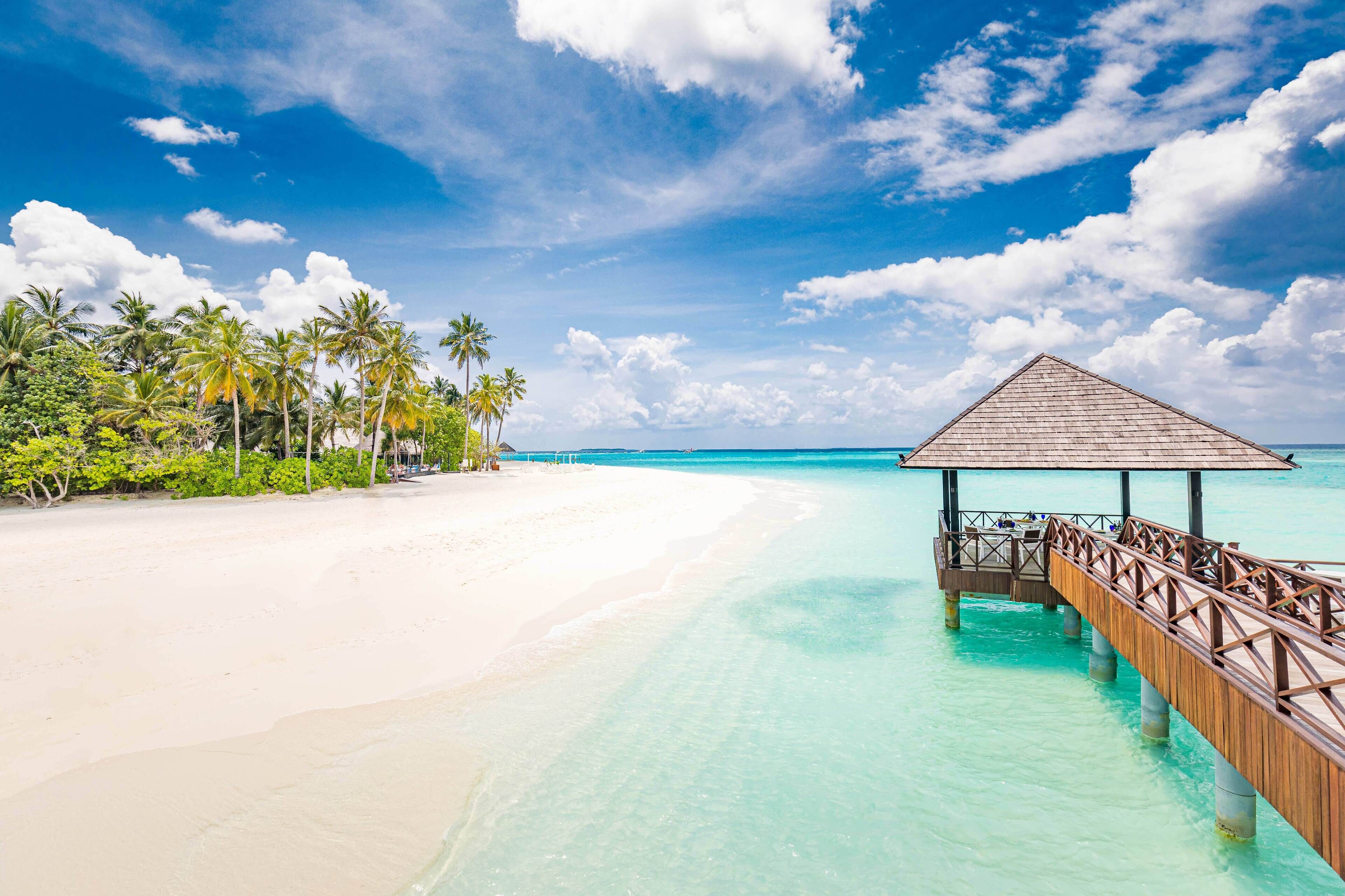 A wooden pier extending into turquoise waters, leading to a thatched-roof structure.