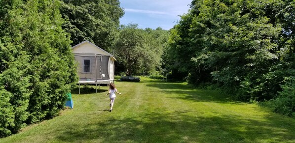 A grassy area with a small house and a trampoline.