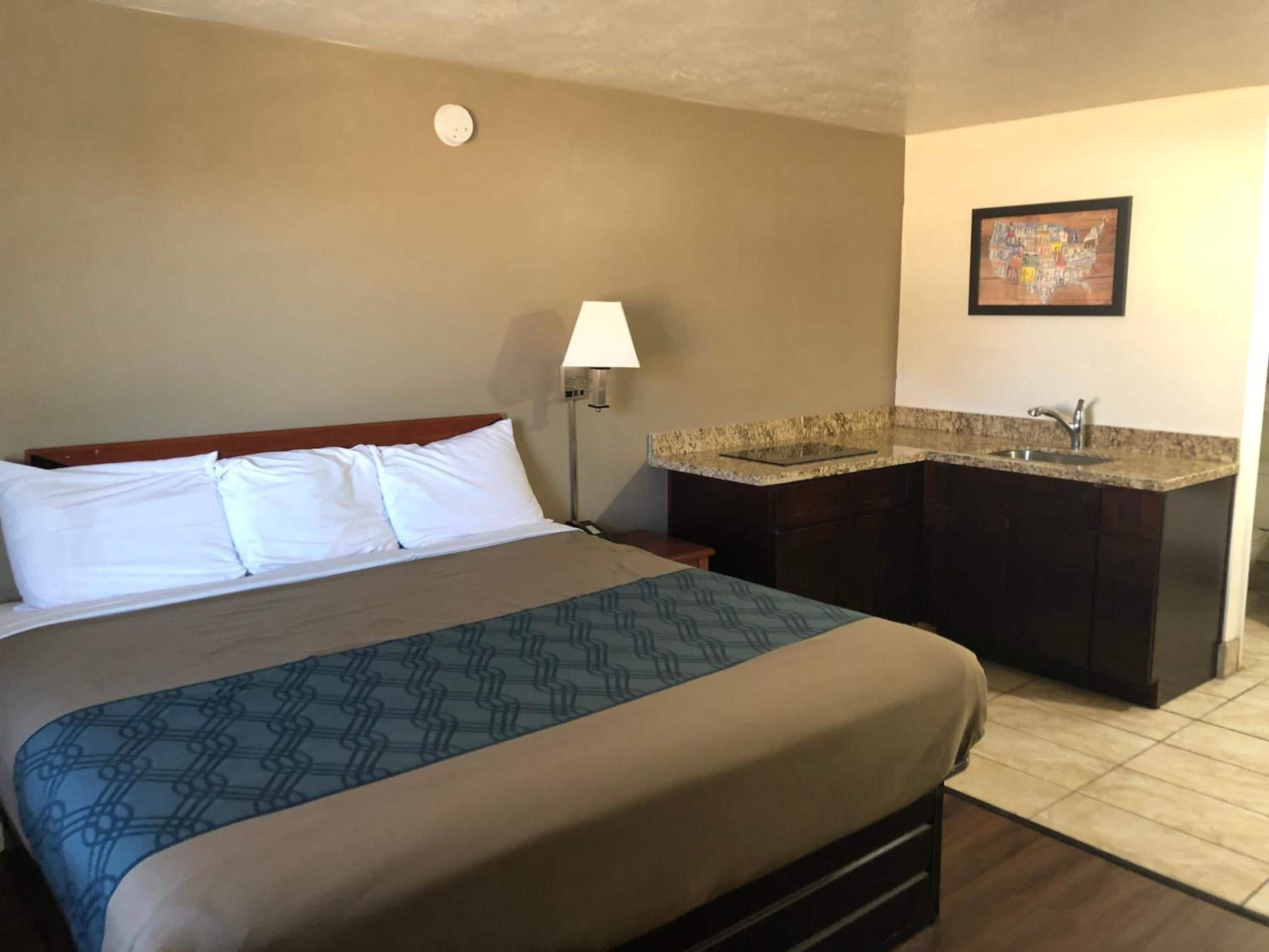 Une chambre d’hôtel avec un lit, une table de chevet, une lampe, un lavabo et un tableau au mur.