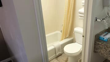 A bathroom with a toilet, a bathtub, and a shower curtain.