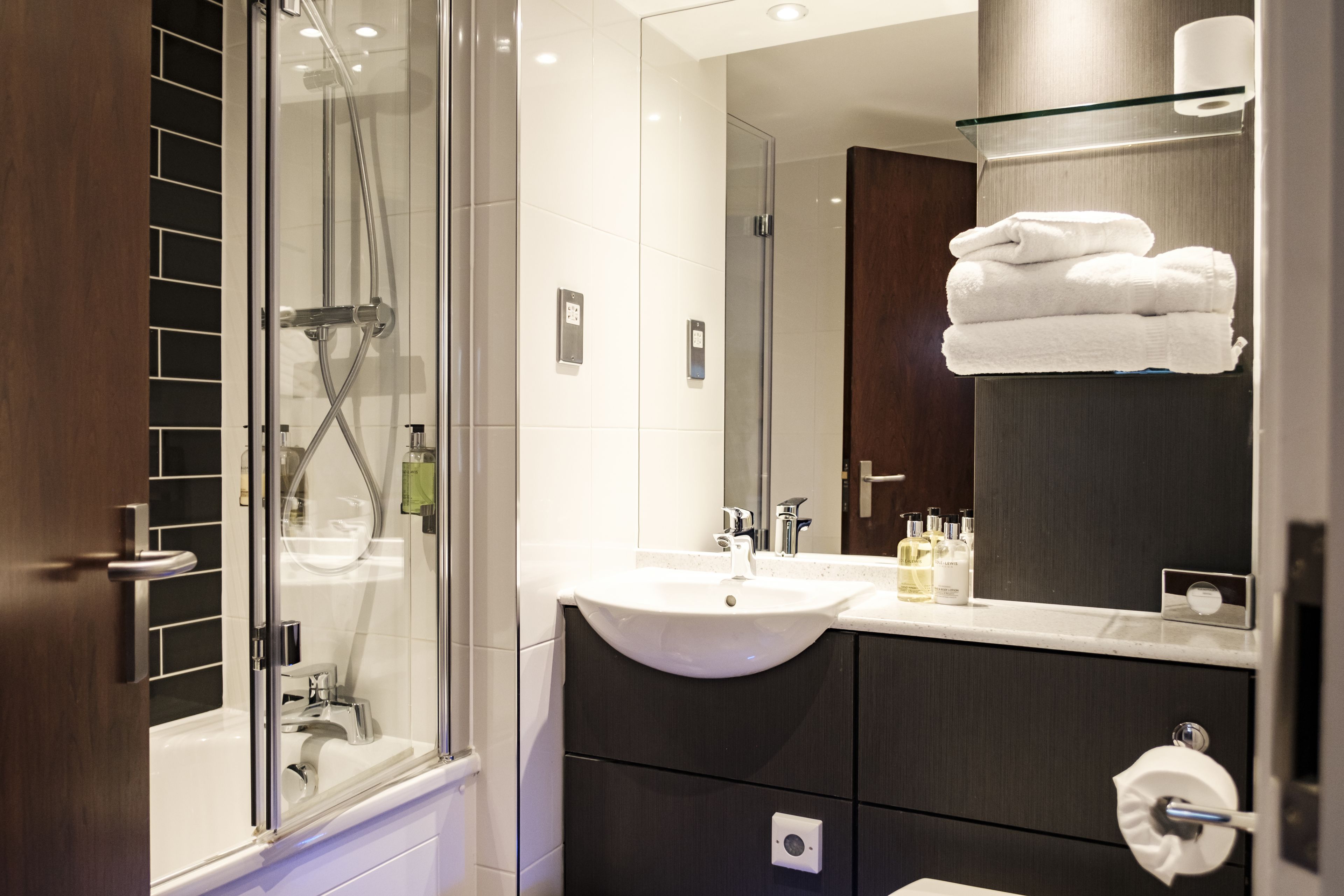 A modern bathroom with a glass-enclosed shower, a white sink, dark cabinetry, and a mirror above the sink.