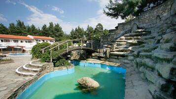 Outdoor pool, pool umbrellas, pool loungers