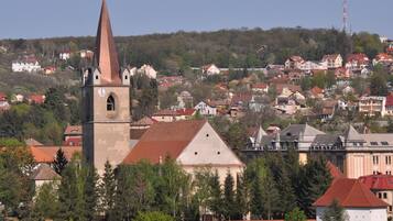 A historic church with a tall spire, surrounded by residential buildings and trees.