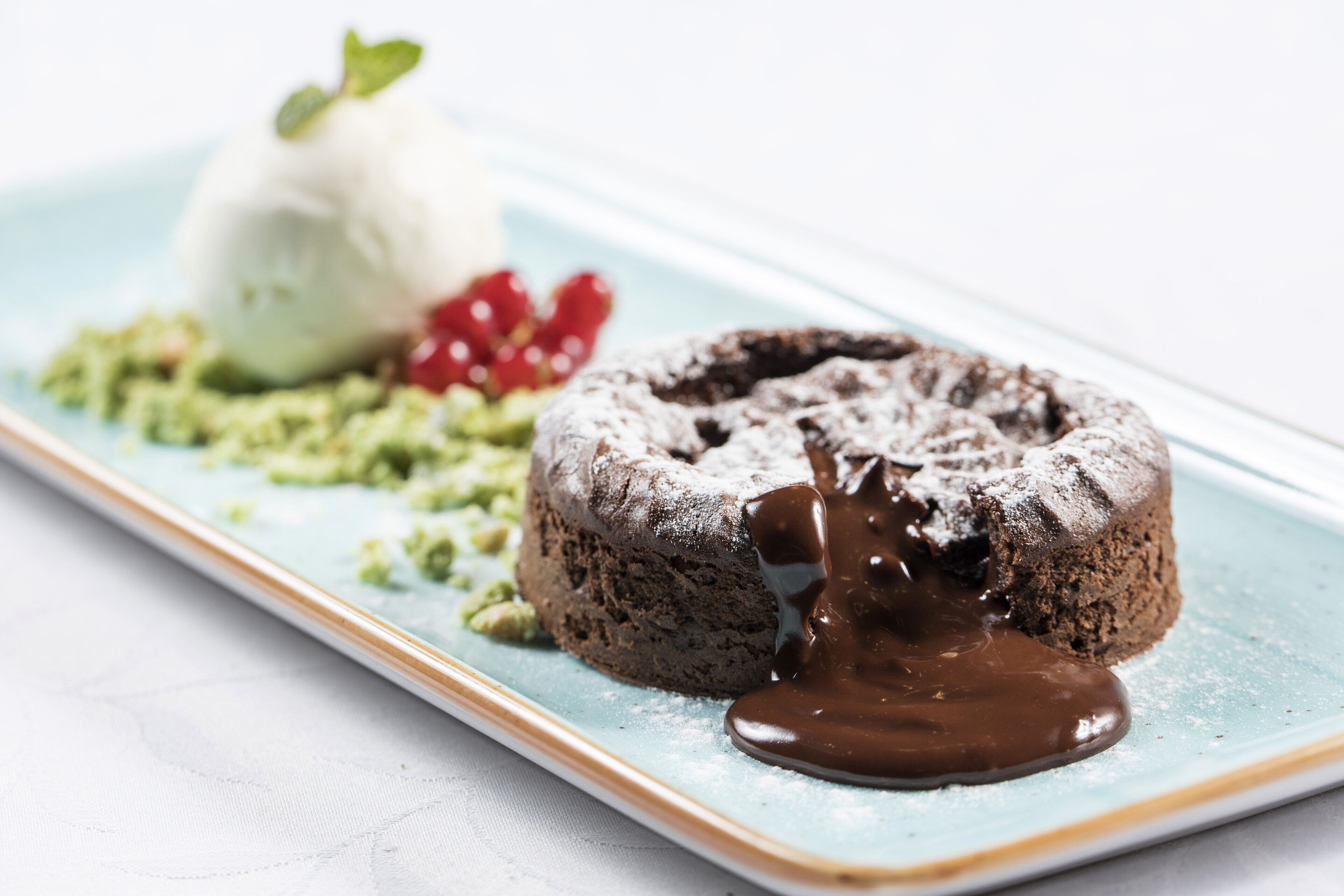 A dessert plate with a chocolate lava cake, a scoop of vanilla ice cream, and a mint garnish.