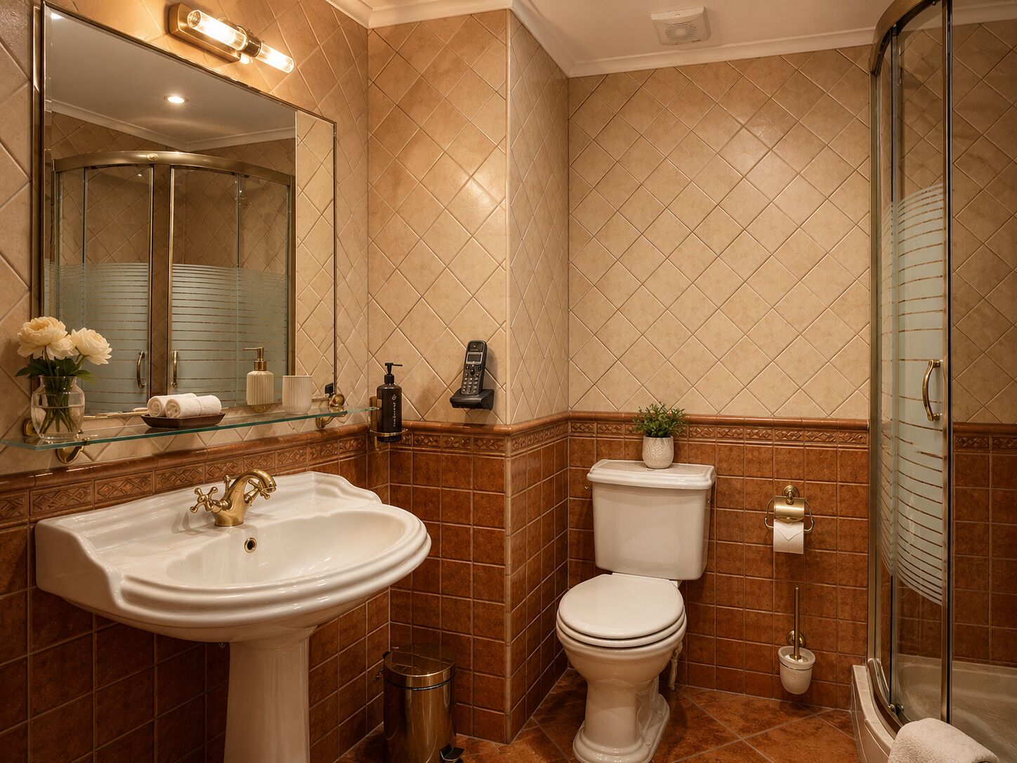 A bathroom with a glass shower enclosure, a white sink, a toilet, and a mirror with lights.