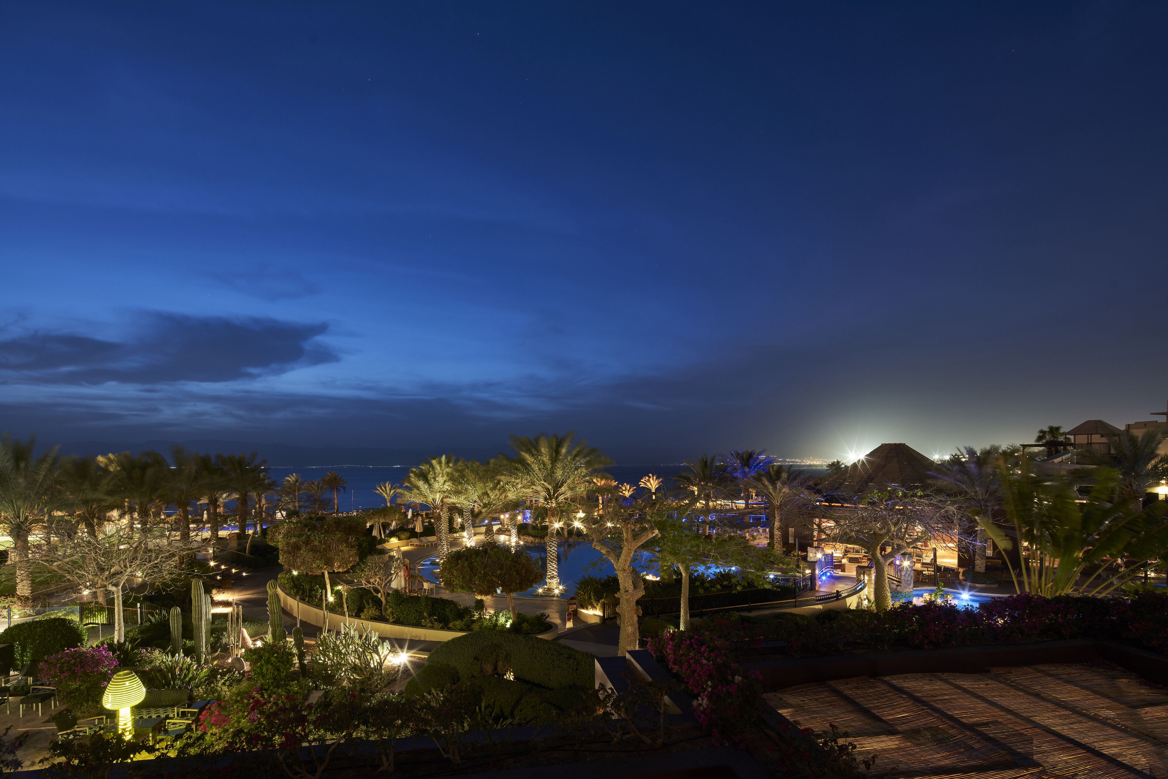 A resort at night with illuminated pathways, palm trees, and a view of the sea.