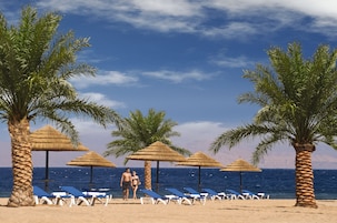 A beach with palm trees, thatched umbrellas, and lounge chairs.