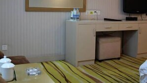 Una habitación de hotel con cama, escritorio, televisor y espejo.