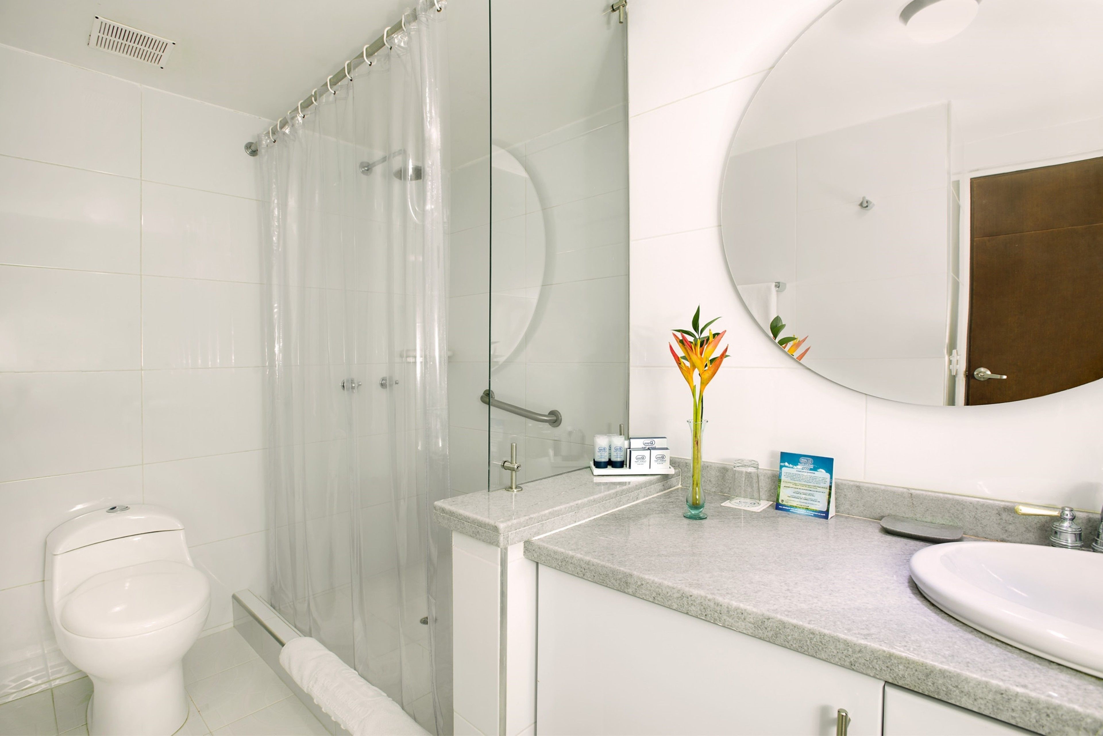 A bathroom with a shower, toilet, sink, and mirror.