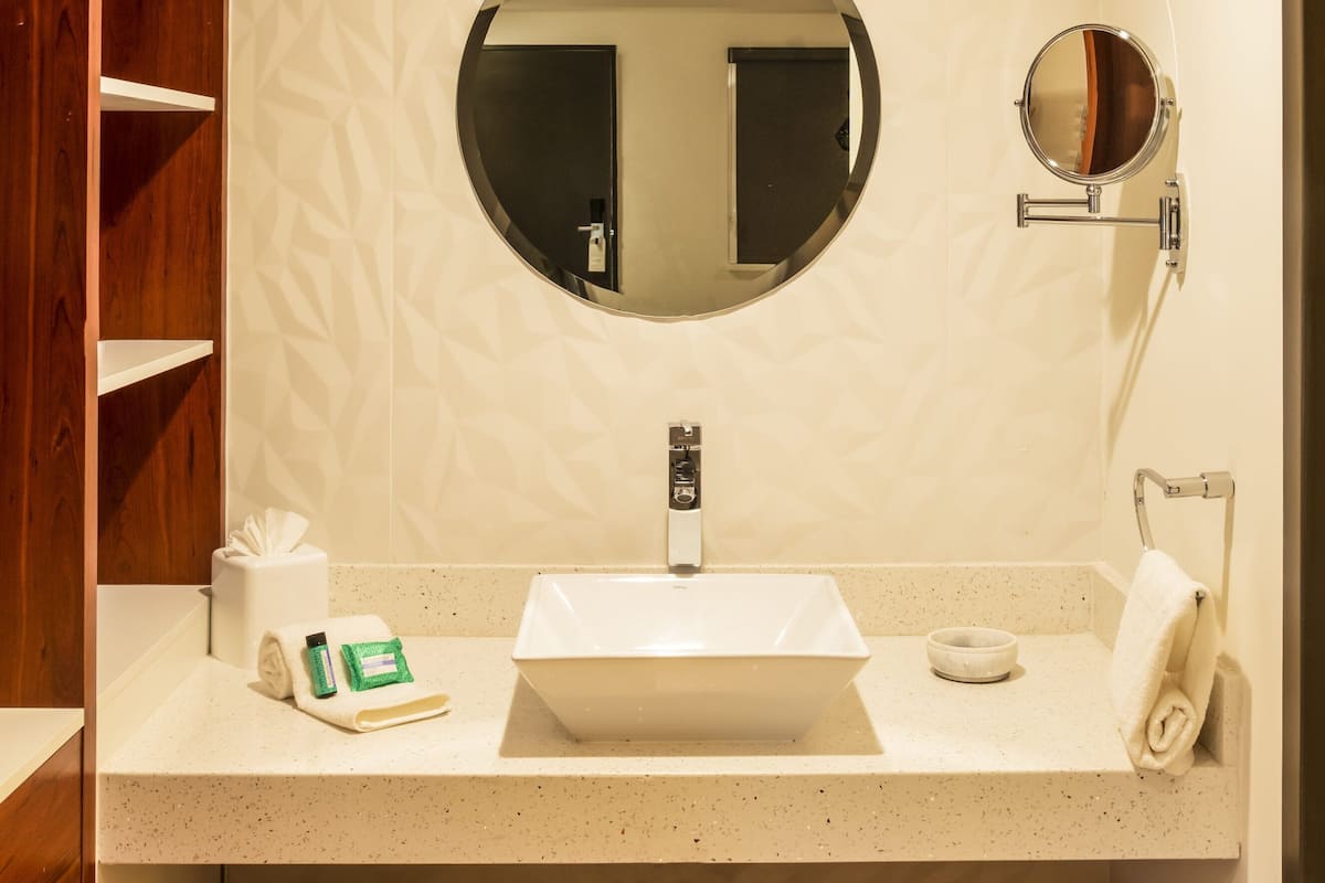 Shower, free toiletries, hair dryer, towels