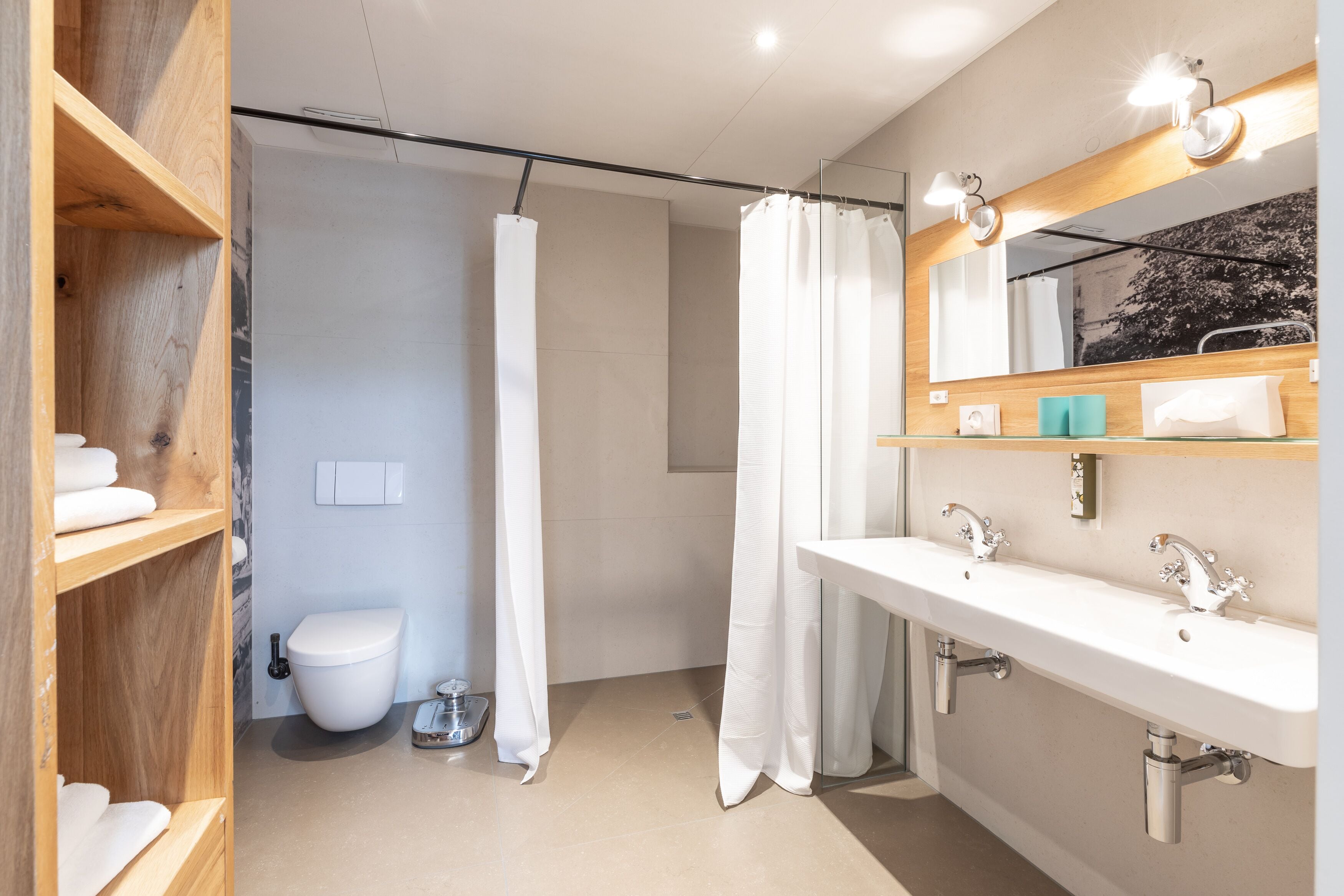 family room xl with kitchen | bathroom | shower, hair dryer, towels, soap