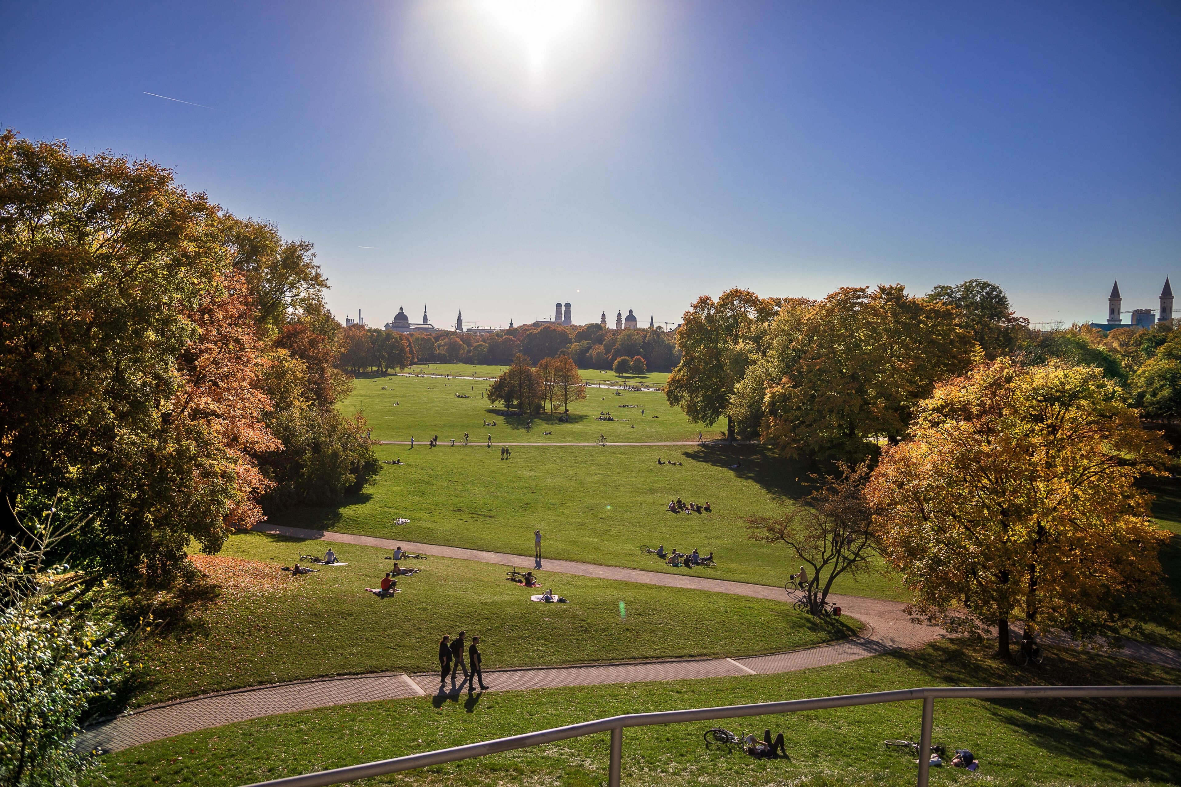A park with a clear sky, pathways, and distant buildings.