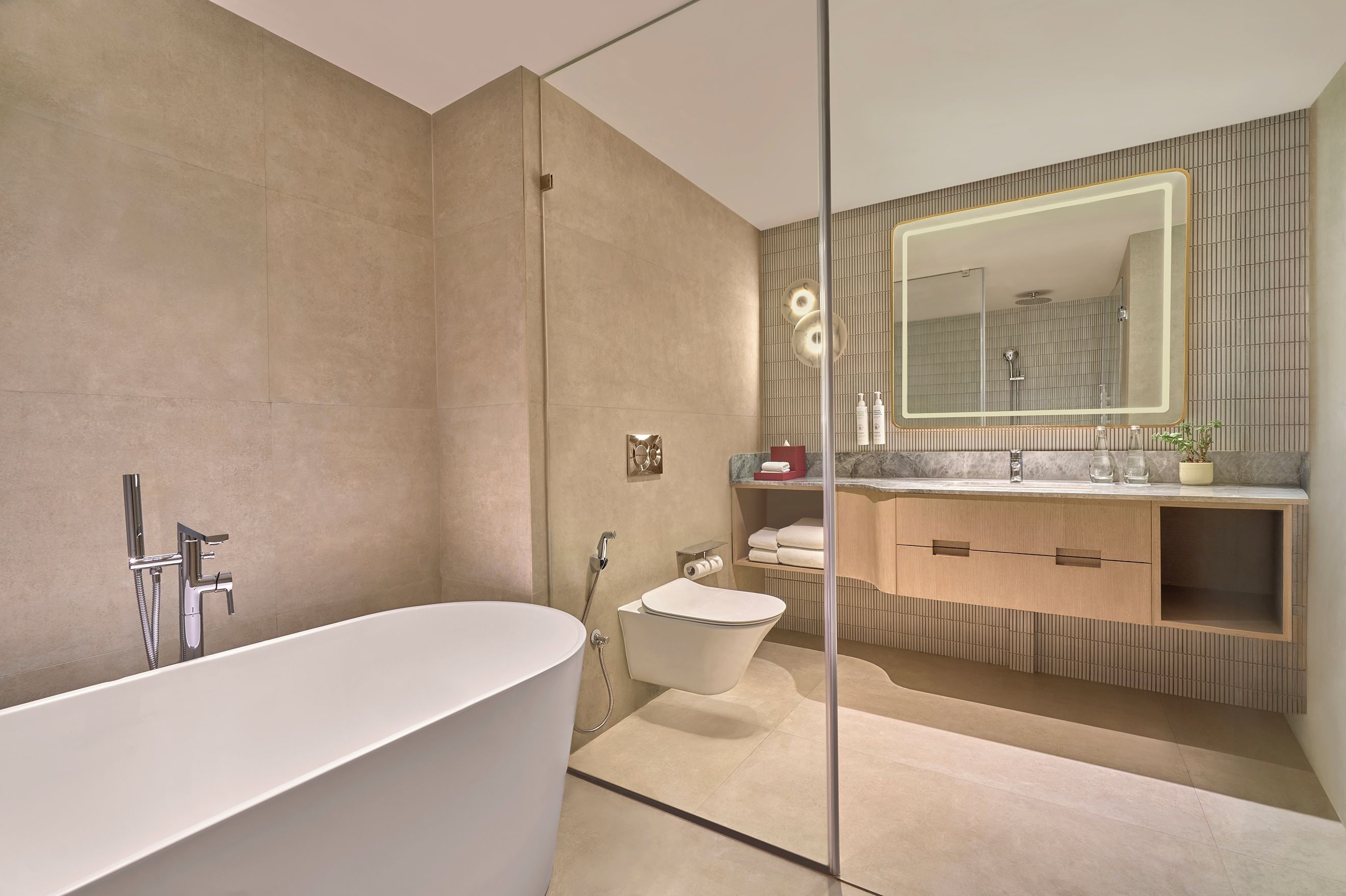 A modern bathroom with a freestanding bathtub, a toilet, and a vanity with a mirror.