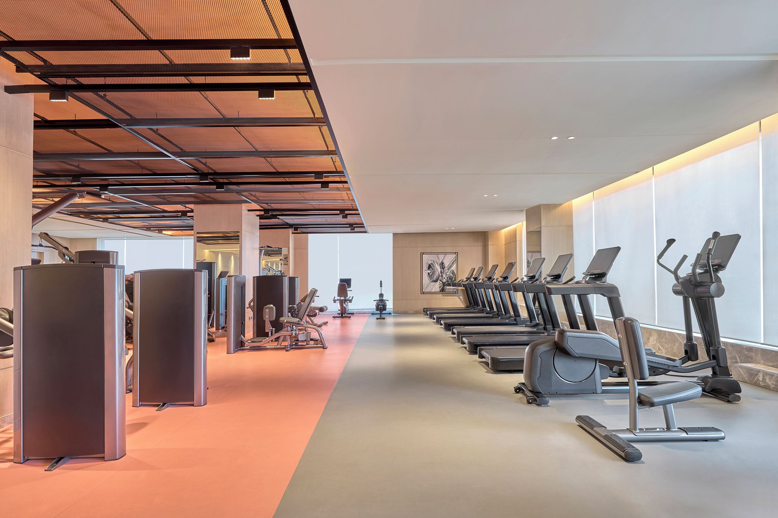 A gym with exercise equipment, including treadmills and weight machines, and a long corridor with a red carpet.