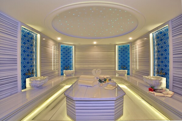 Turkish bath, massage/treatment rooms, manicures and pedicures