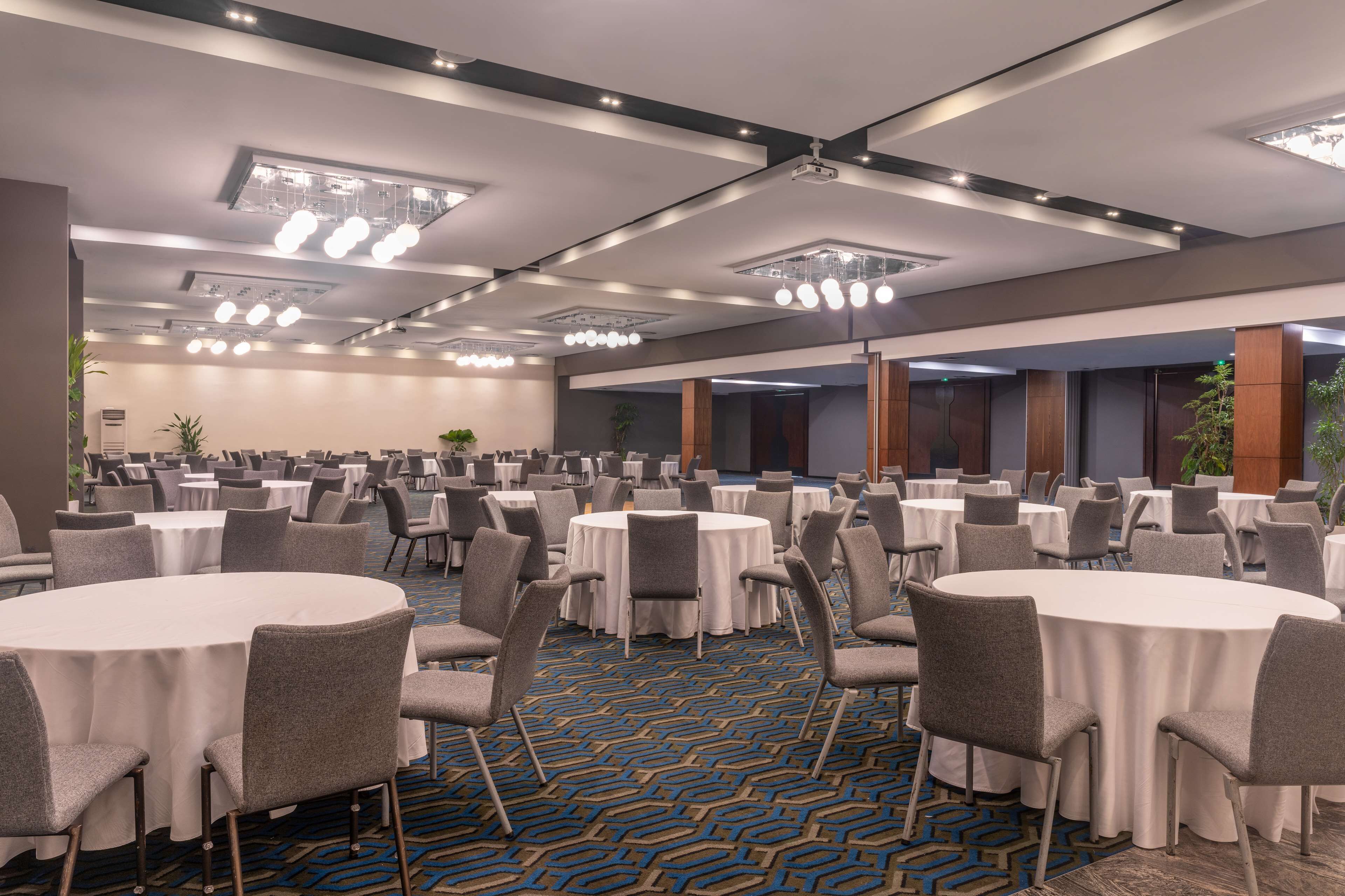 Een grote congreszaal met meerdere ronde tafels, grijze stoelen en een blauw kamerbreed tapijt met patroon.