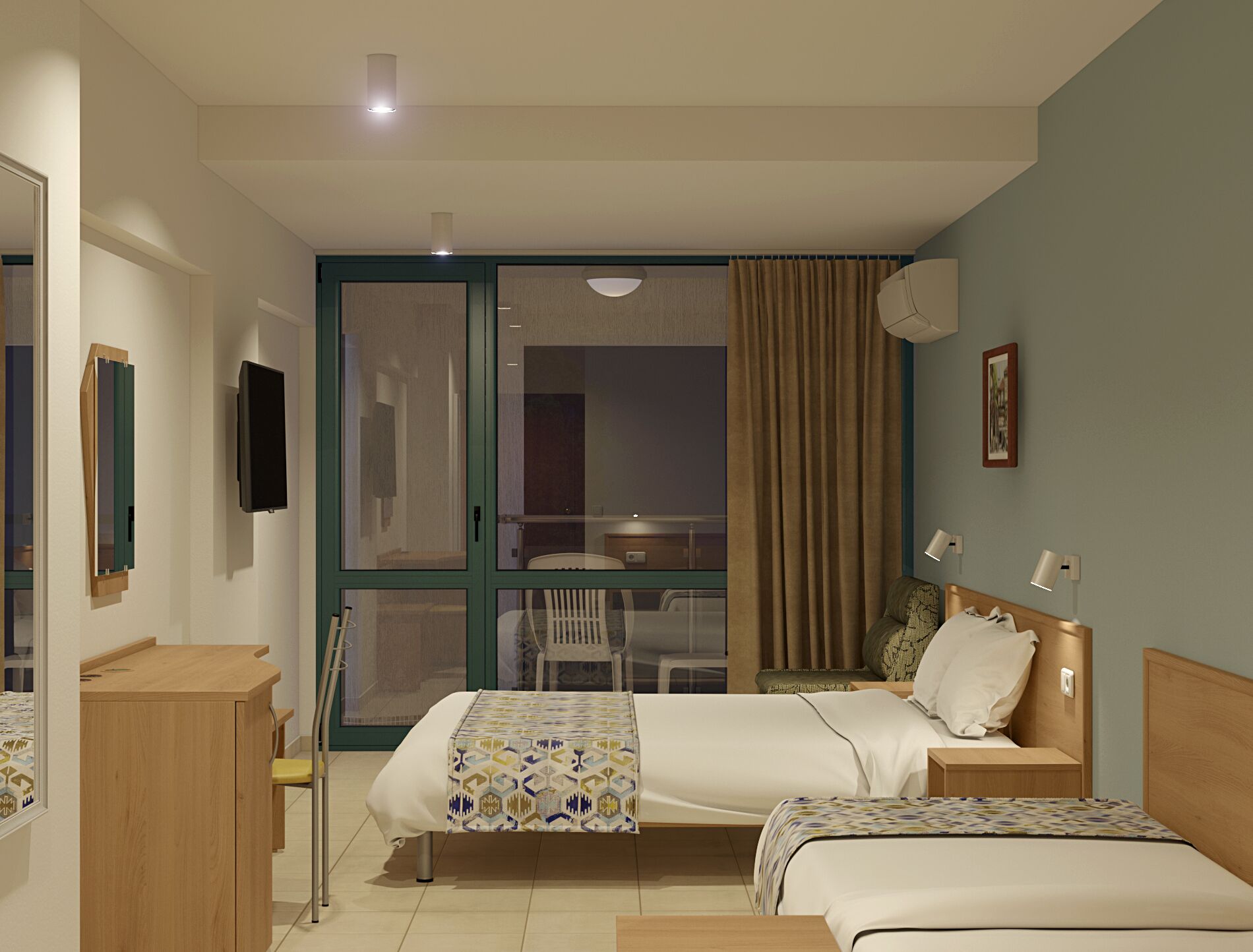 Ein Hotelzimmer mit Bett, Schreibtisch, Stuhl, einem Fenster mit Vorhängen, einem an der Wand befestigten Fernseher und einem Nachttisch mit Lampe.