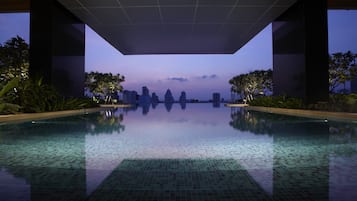 Outdoor pool, pool umbrellas, pool loungers