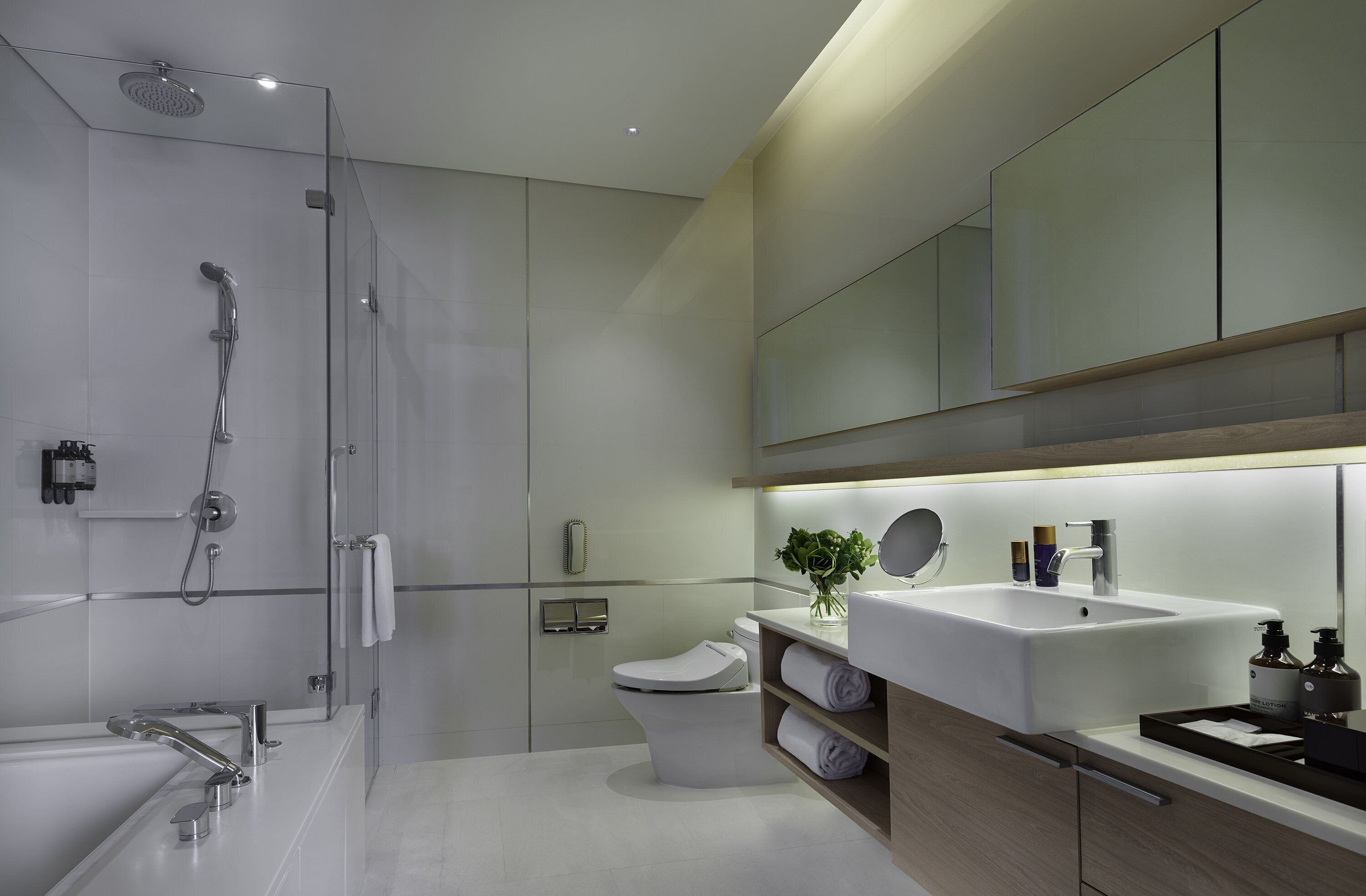 A modern bathroom with a glass-enclosed shower, a white toilet, and a vanity with a mirror and sink.