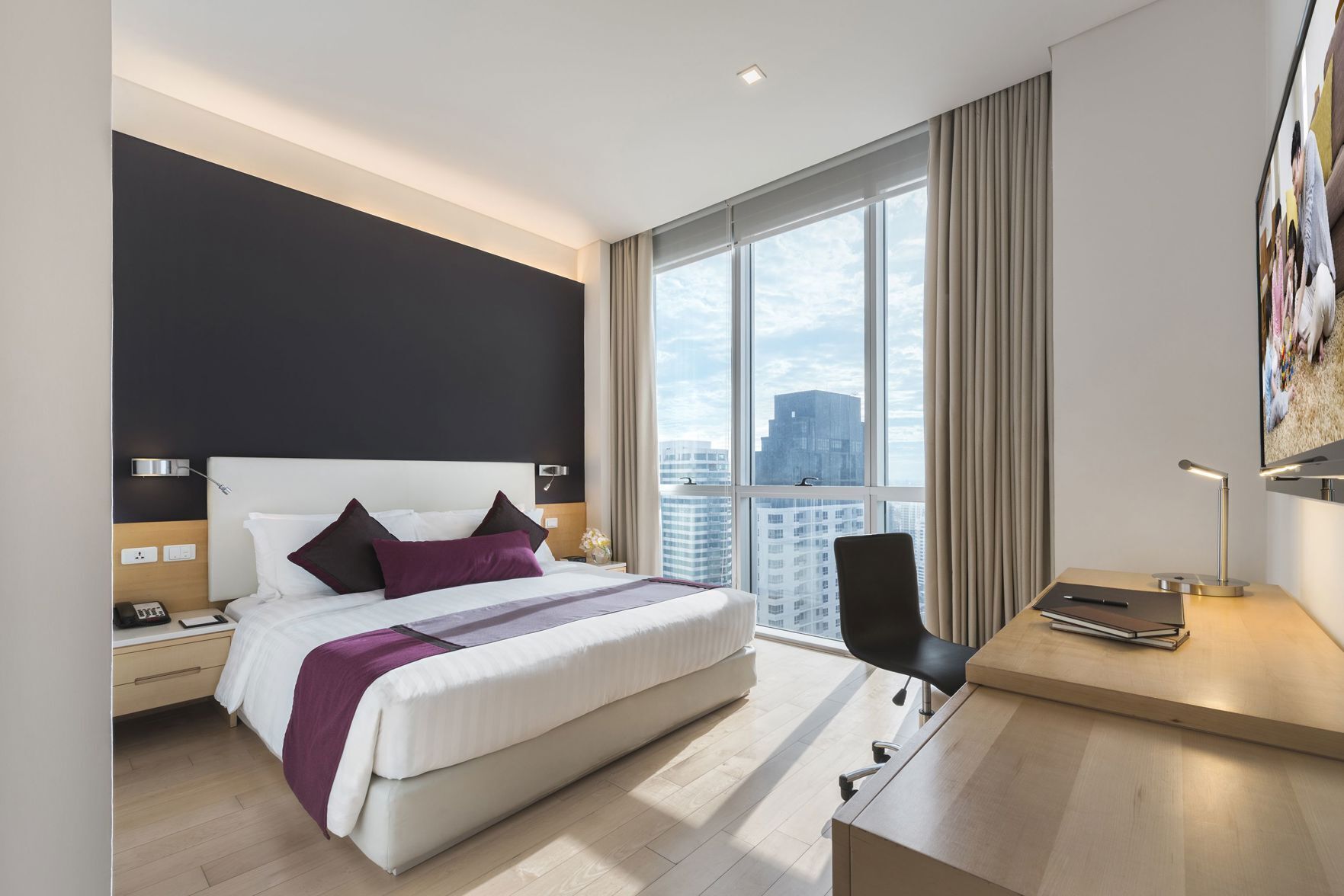 In-room safe, desk, laptop workspace, blackout curtains