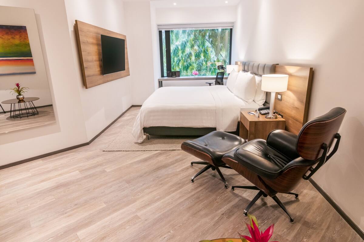 A modern hotel room with a bed, a desk, a chair, a TV, and a window with a view of trees.