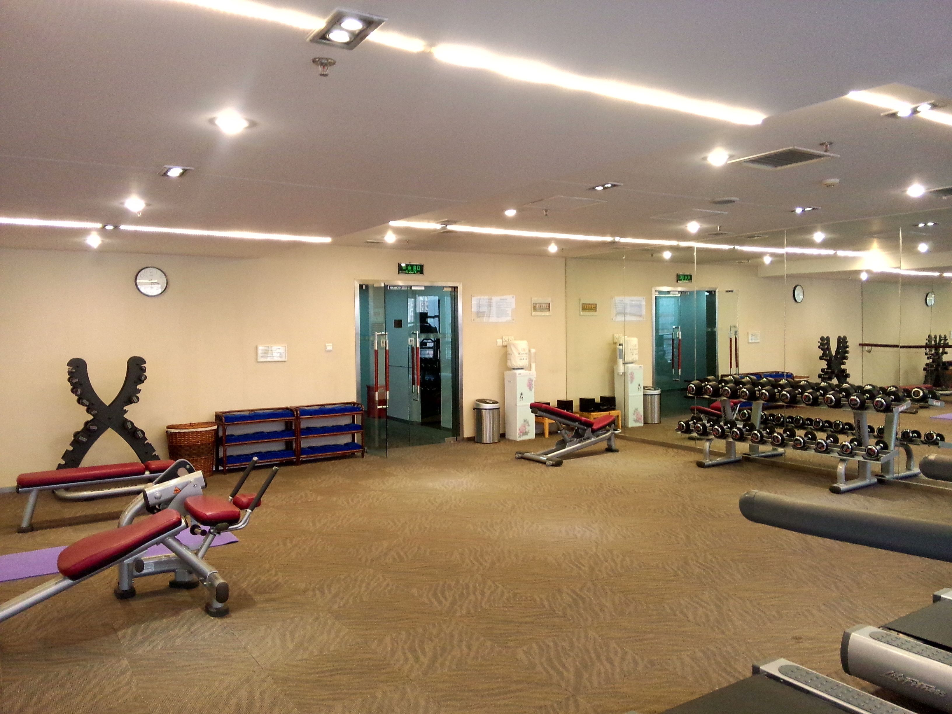 Une salle de sport équipée de machines d’exercice, de bancs et d’un miroir.