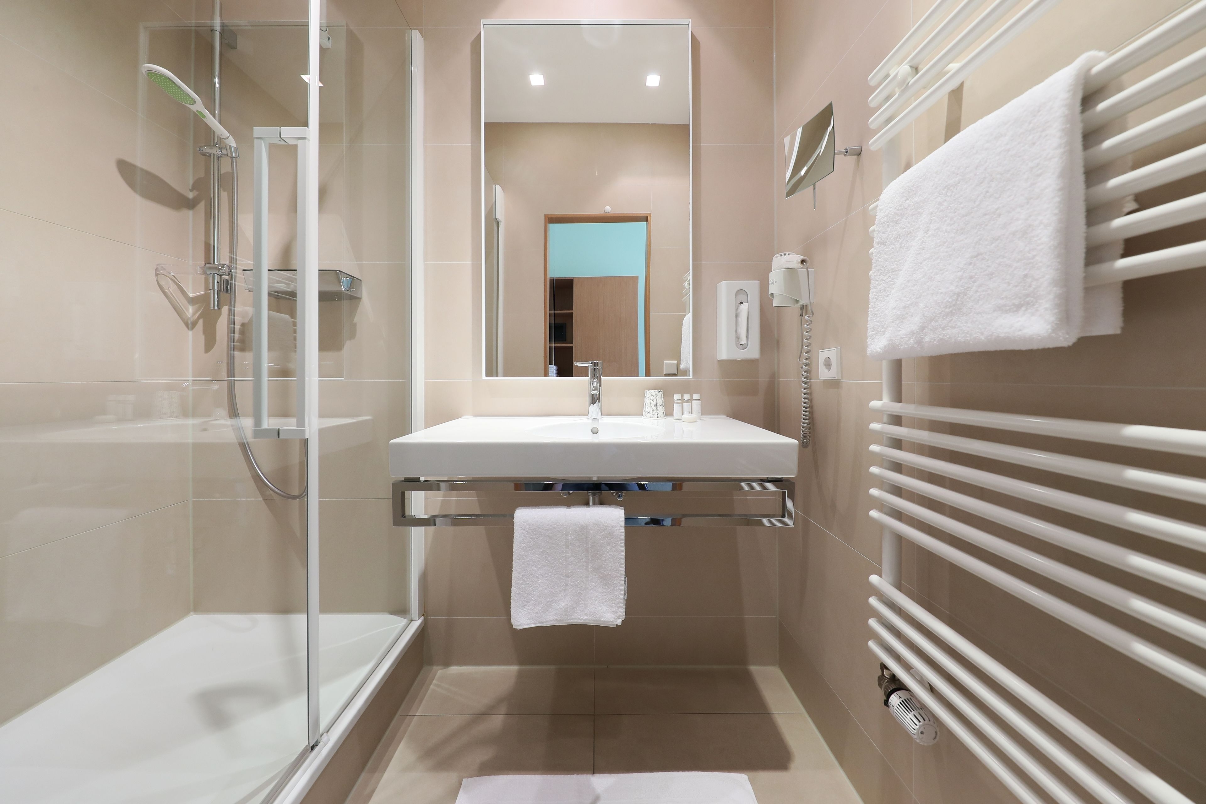 grand single room | bathroom | shower, free toiletries, hair dryer, towels