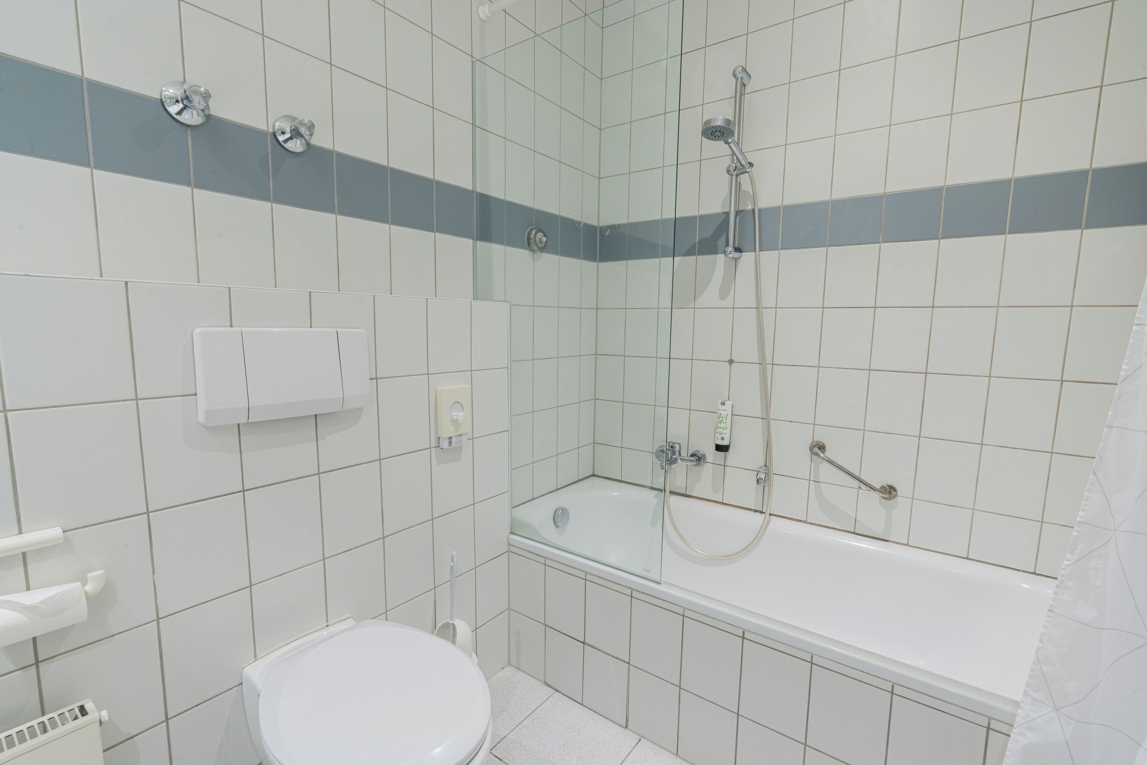 A bathroom with a toilet, a glass-enclosed shower, and a bathtub.