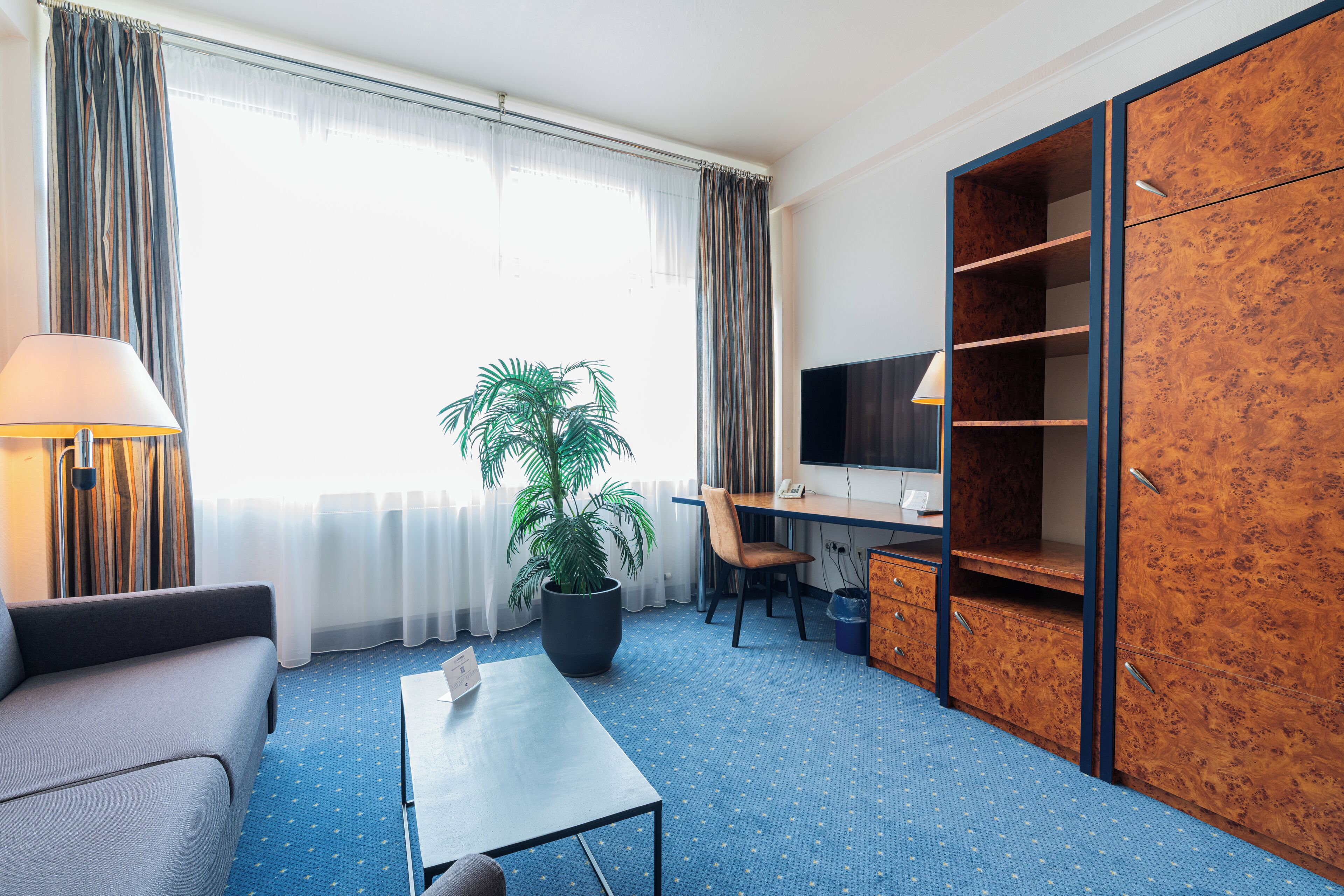 A hotel room with a sofa, a desk, a television, a potted plant, and a wardrobe.