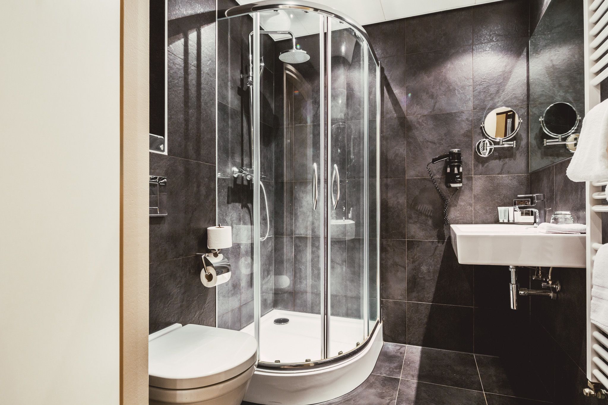 A modern bathroom with a glass-enclosed shower, a toilet, a sink, and a mirror.