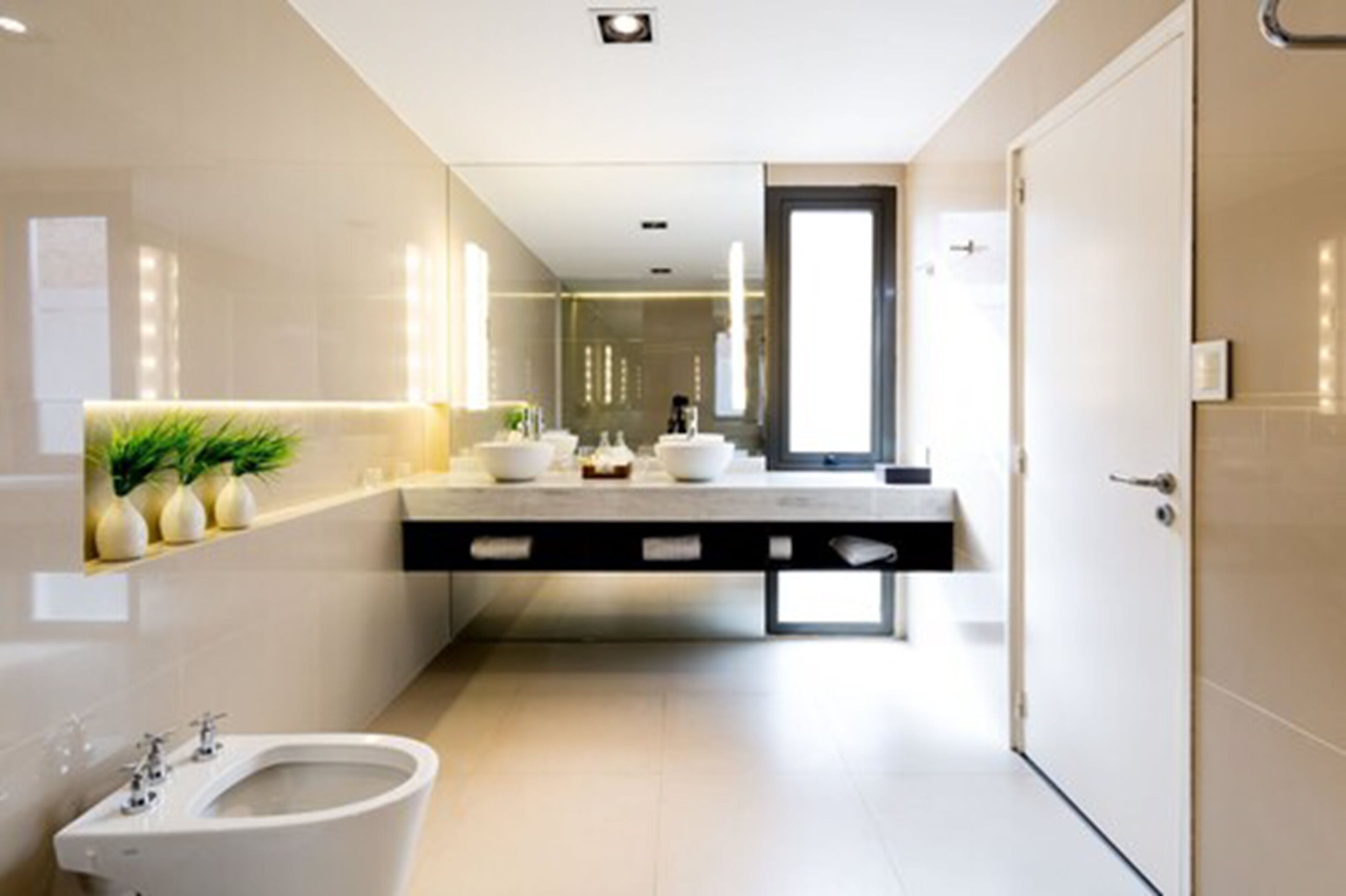 A modern bathroom with a large sink, a bidet, and a mirror.