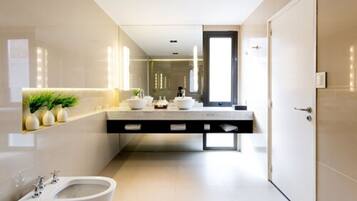A modern bathroom with a large sink, a bidet, and a mirror.