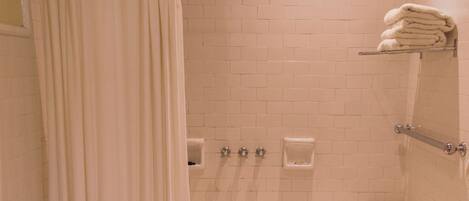 A bathroom with a bathtub, toilet, and a shower curtain.