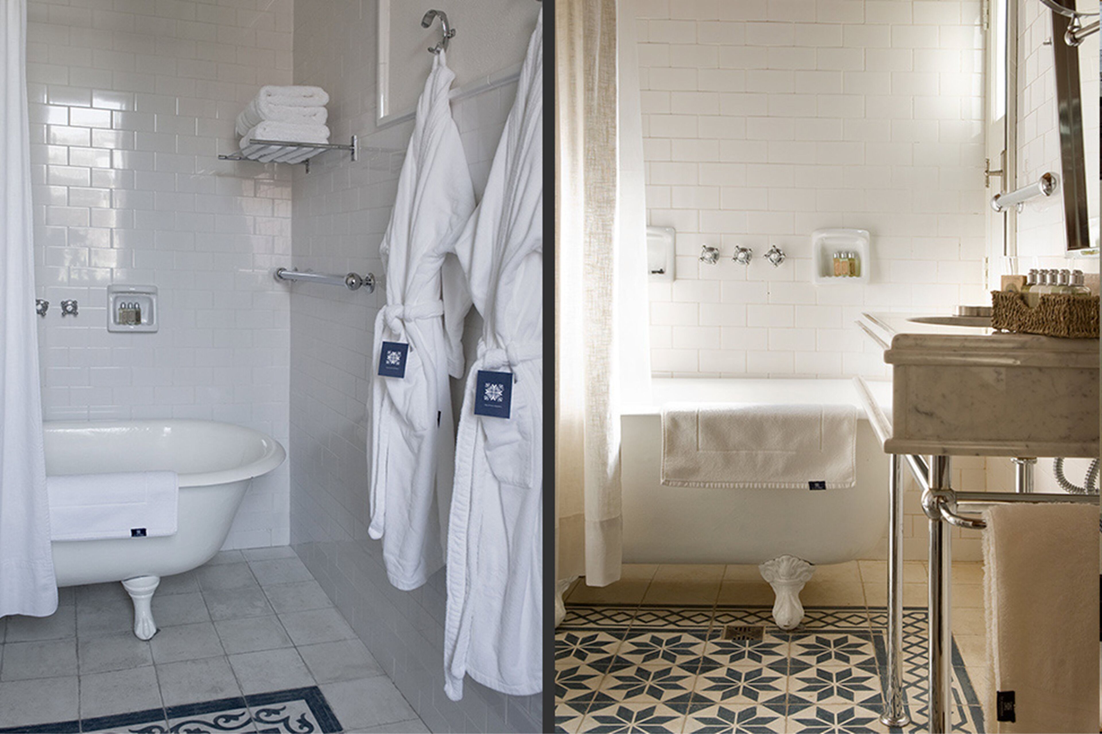 A bathroom with a clawfoot bathtub, white tiled walls, a white sink, and a patterned floor.