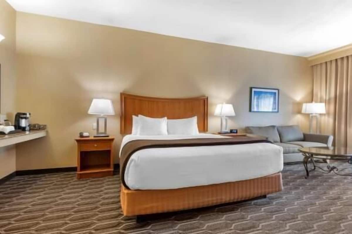 Een hotelkamer met een groot bed, twee nachtkastjes met lampen, een bank en een kleine tafel met een lamp.