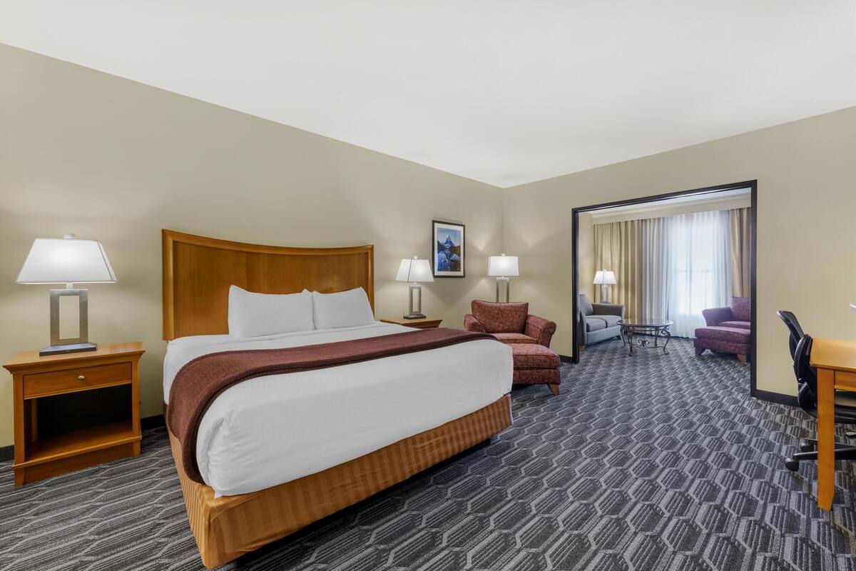 Een hotelkamer met een groot bed, twee nachtkastjes met lampen, een fauteuil, een bank en een bureau.