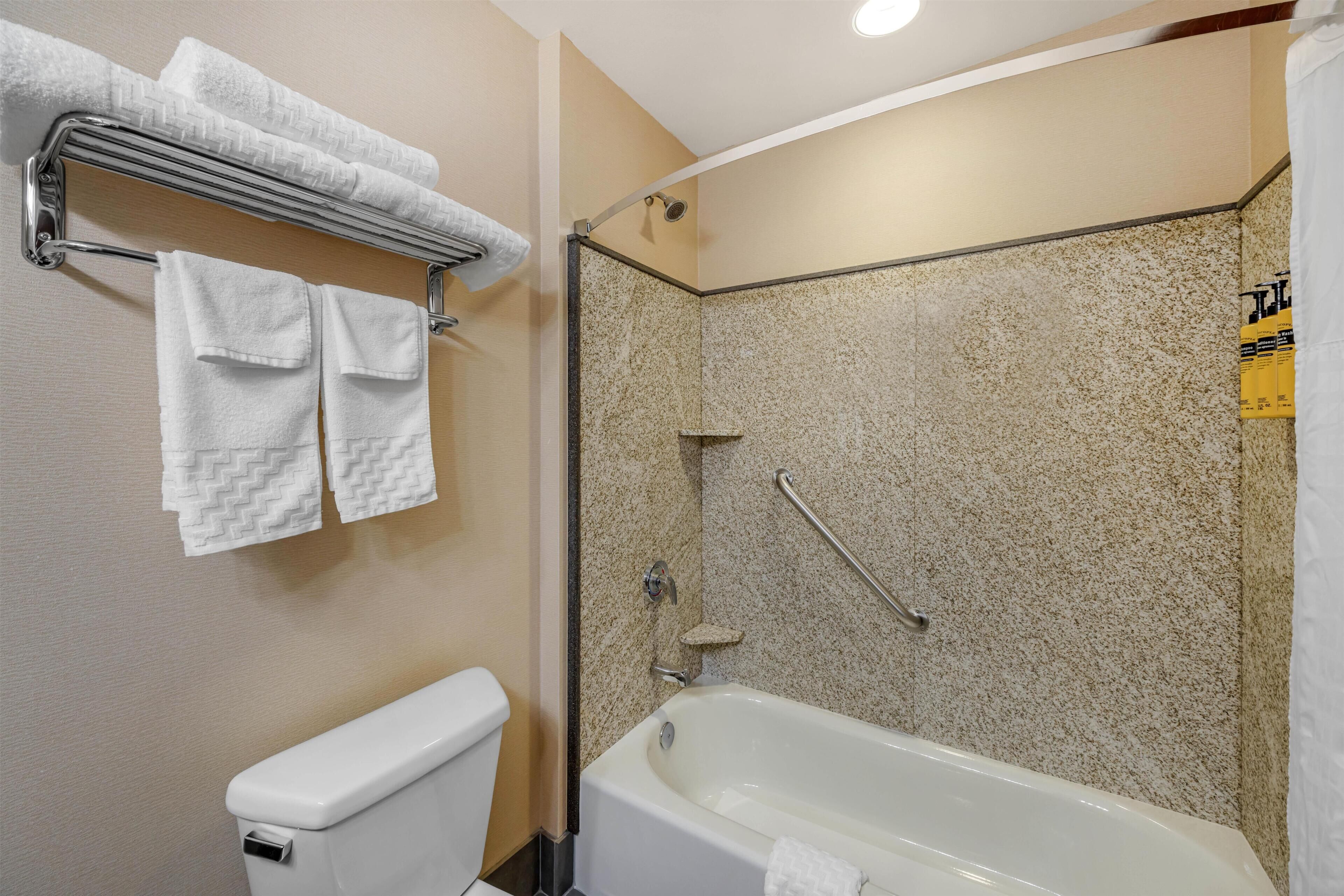 Un baño con bañera, ducha e inodoro.