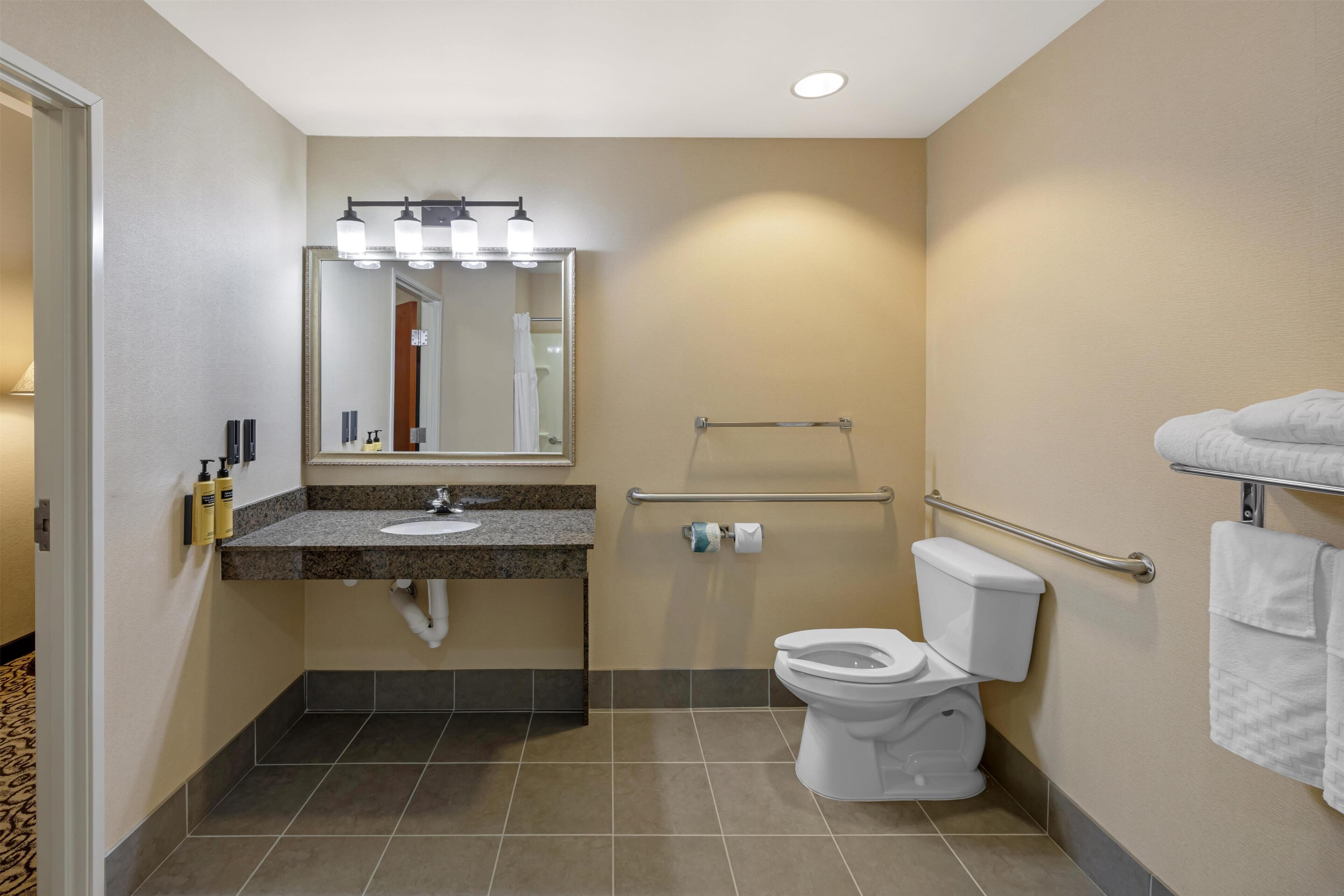 Une salle de bain moderne équipée d’un lavabo, d’un miroir, de toilettes et de barres d’appui.