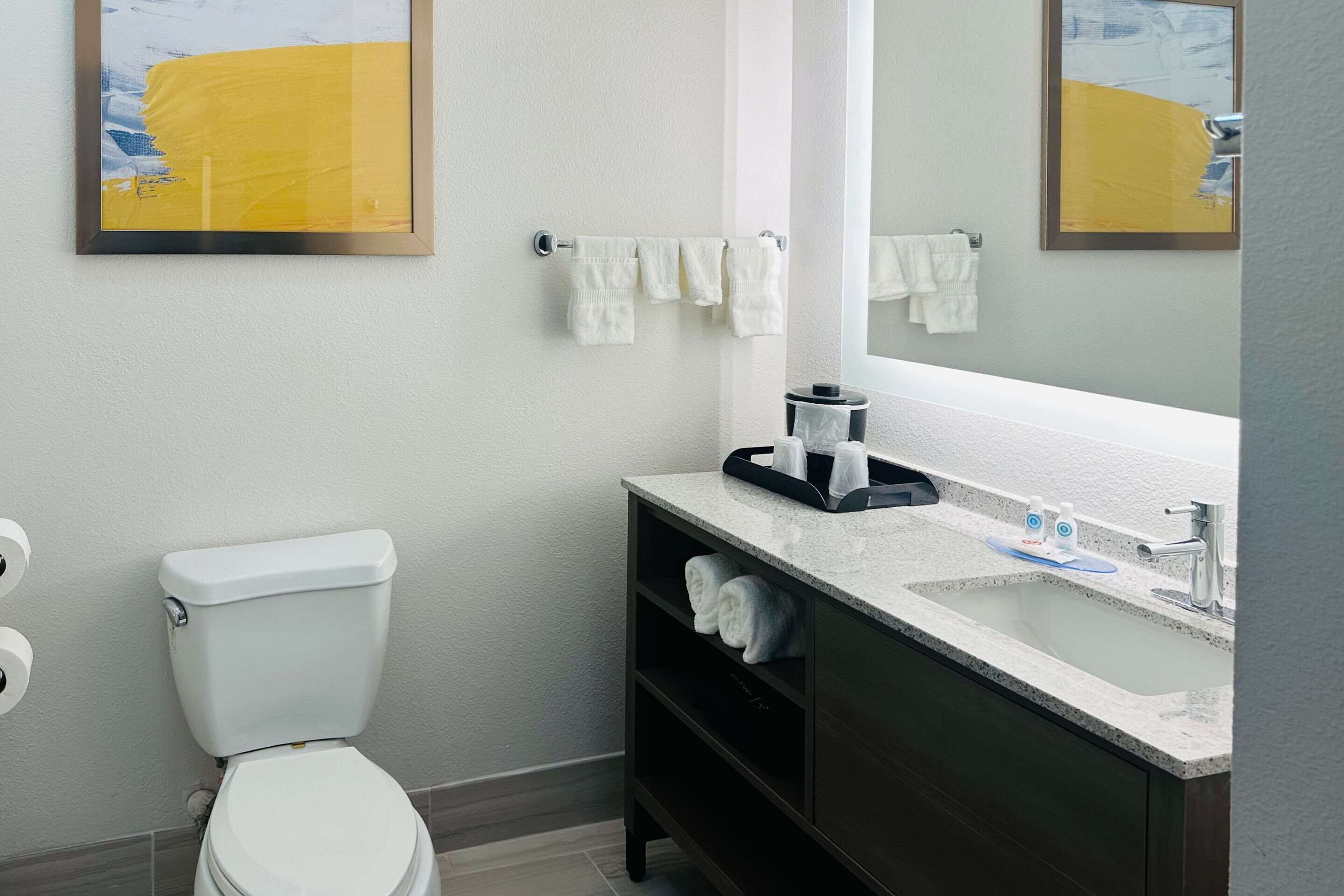 A modern bathroom with a toilet, sink, and towel rack.