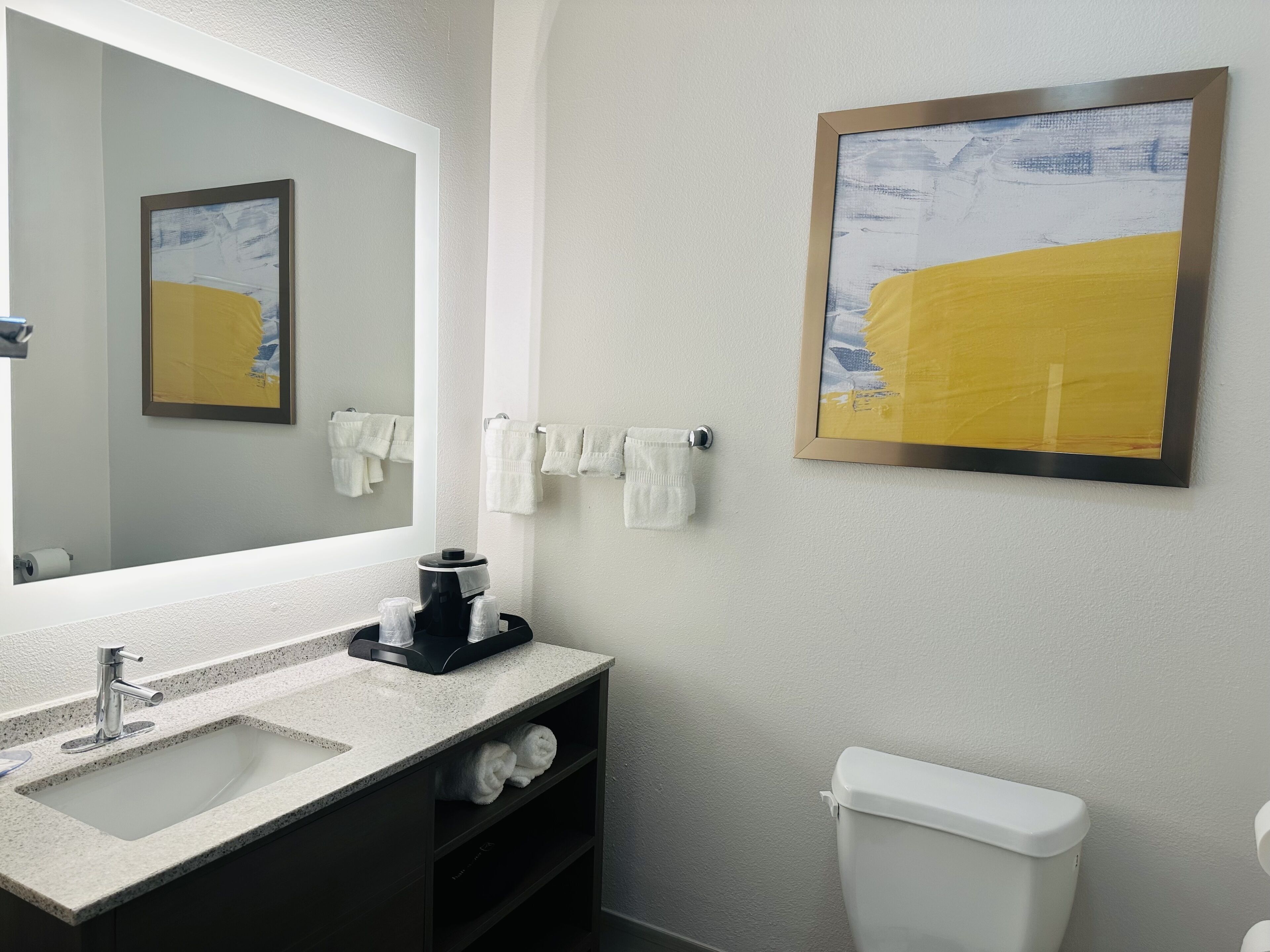 Un baño moderno con un espejo grande, un lavamanos, un inodoro y toallas colgadas en un perchero.