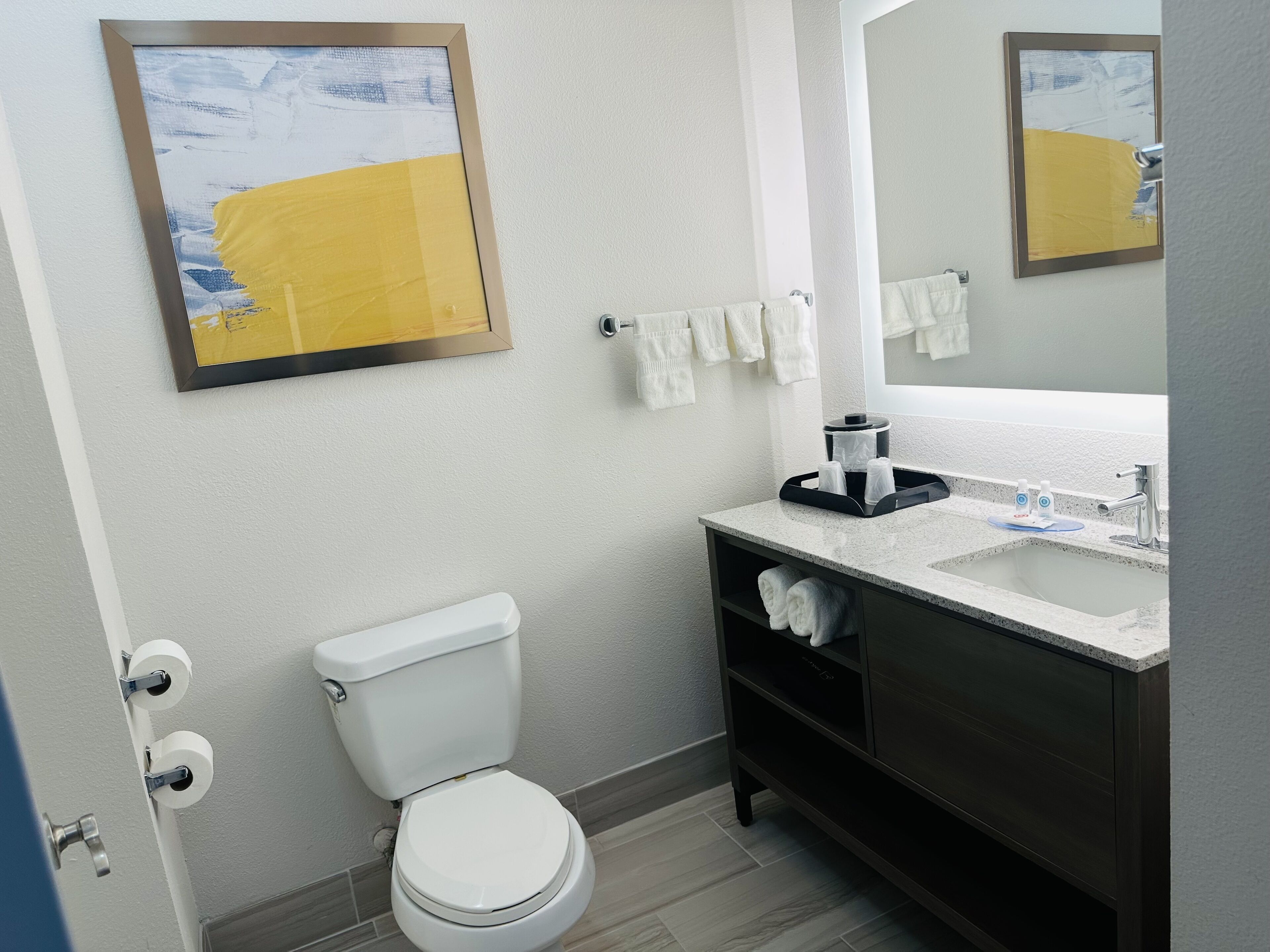 A modern bathroom with a toilet, sink, and towel rack.