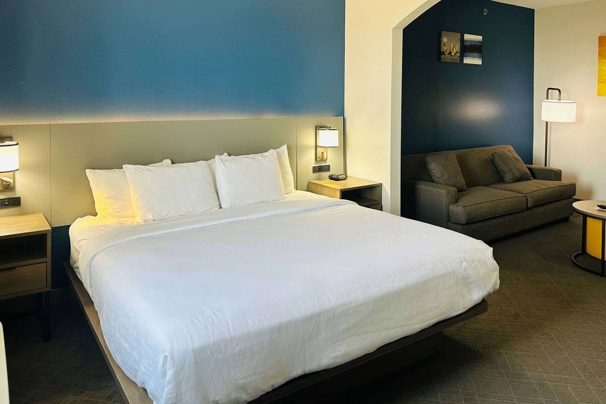 Une chambre d’hôtel avec un grand lit, un canapé, une table de chevet avec une lampe et une œuvre d’art accrochée au mur.