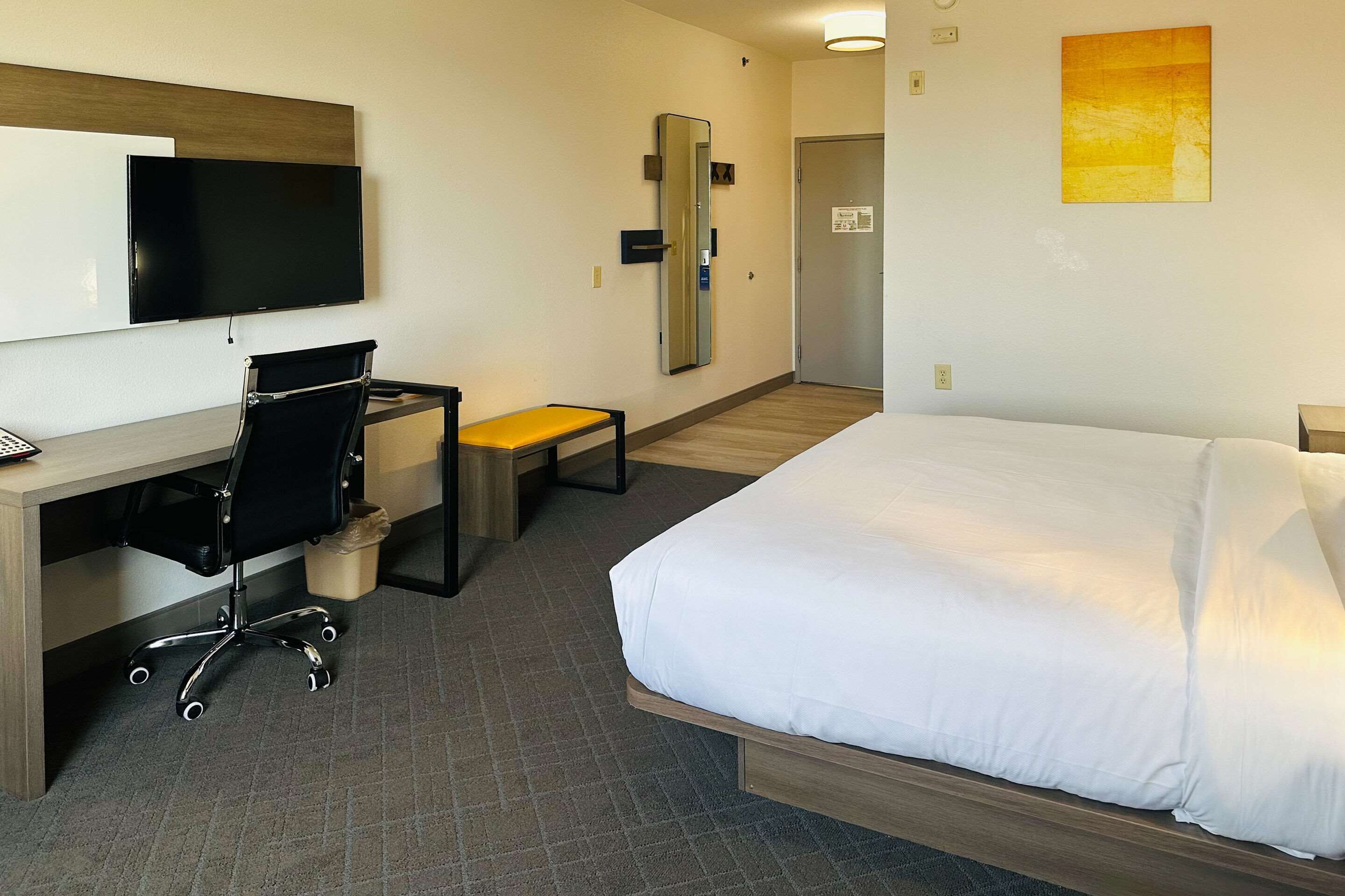 Una habitación de hotel con cama, escritorio, silla, televisor, espejo y puerta.