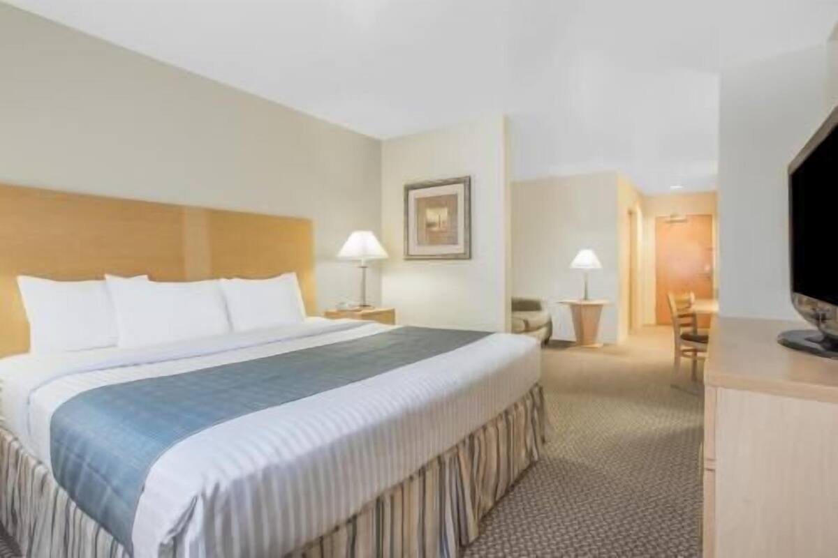 A hotel room with a bed, bedside lamps, a desk, and a television.