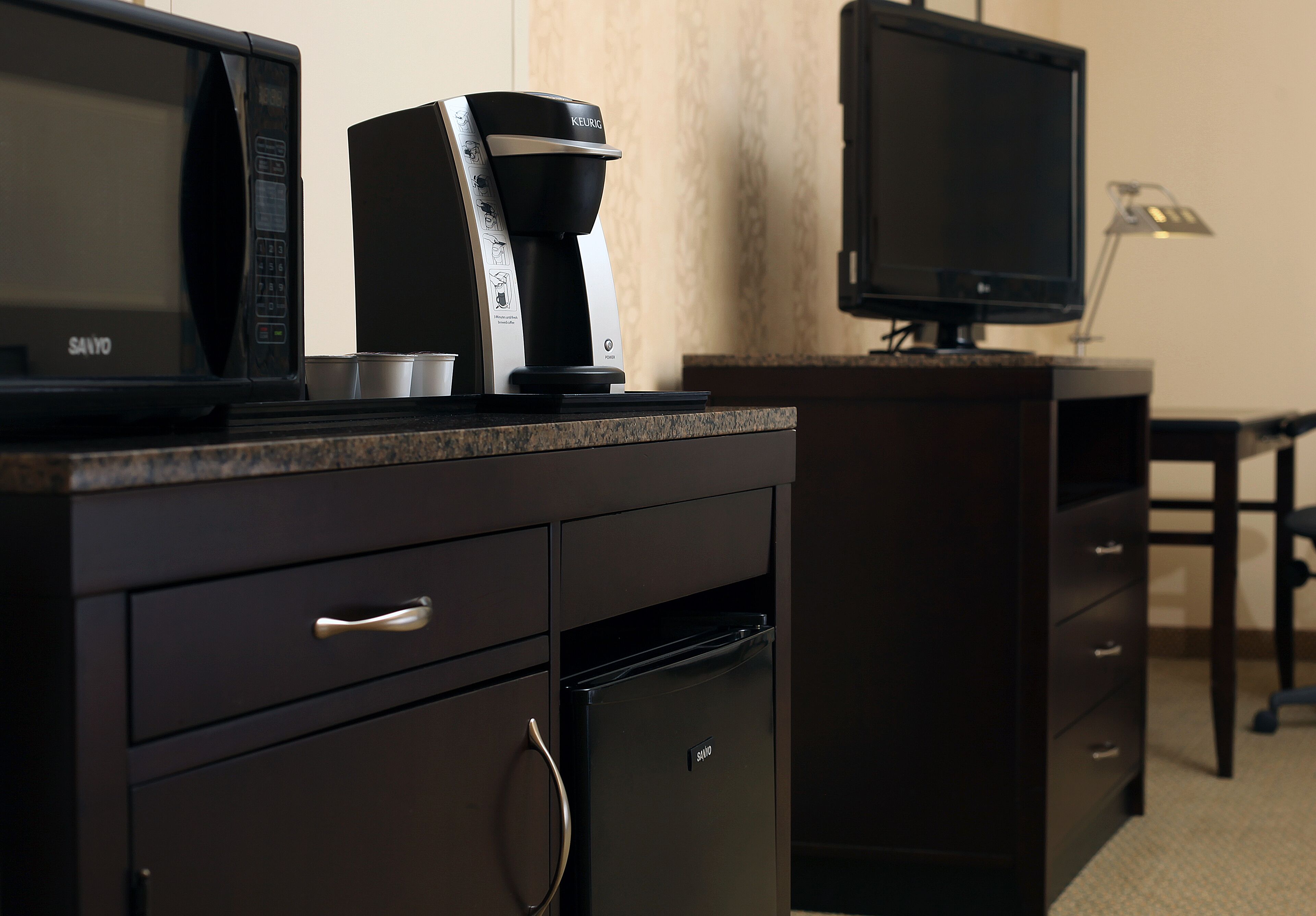 down duvets, desk, blackout curtains, iron/ironing board