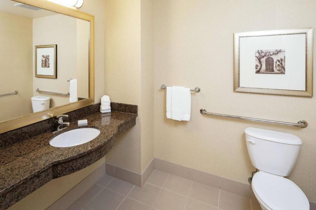 A bathroom with a granite countertop sink, a white toilet, a framed picture on the wall, and a towel rack.