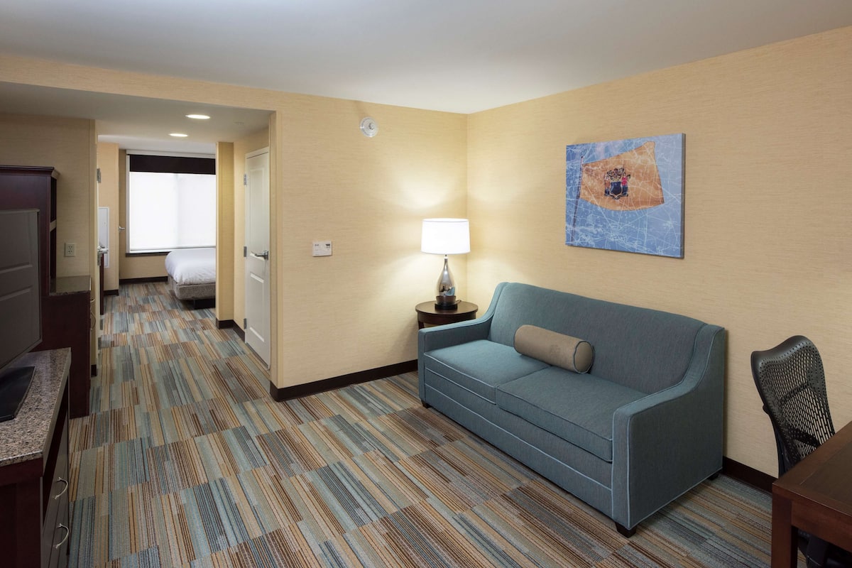 Habitación de hotel con un sofá azul, una lámpara, un cuadro en la pared y piso alfombrado.